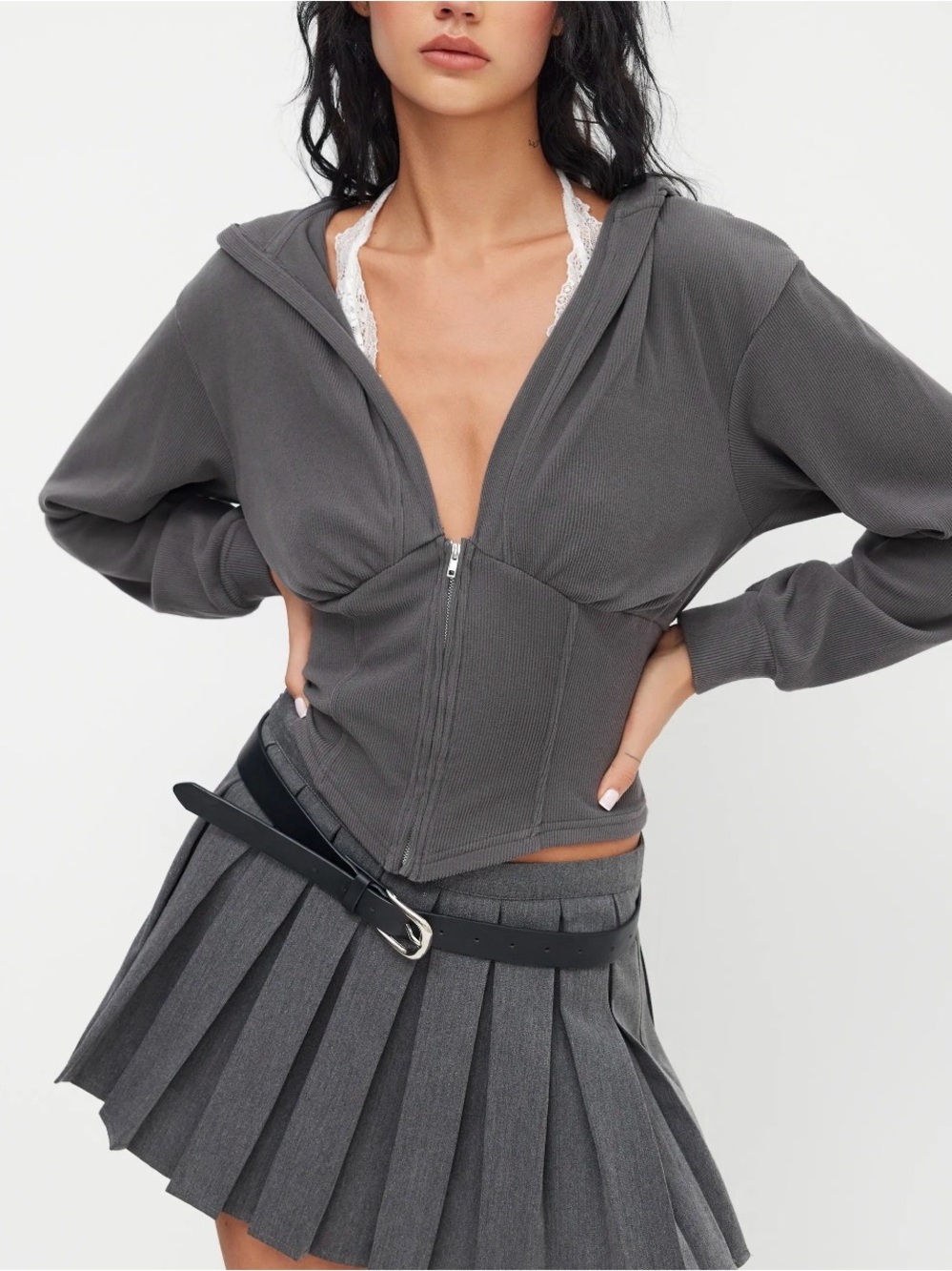 CIDER M Dark Grey Ribbed Cropped Full Zip Hoodie Deep V Corset Waist